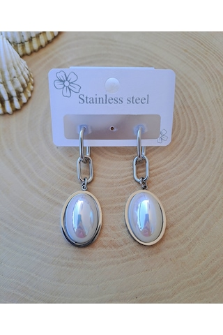 Sedef Taş Detaylı Sallantılı Çelik Küpe Gümüş