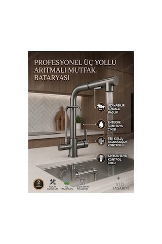 Rena Design Antrasit Aritmali Spiralli 2 Modlu Başlik L Boru Mutfak Evye Bataryasi Prinç Armatür Musluk