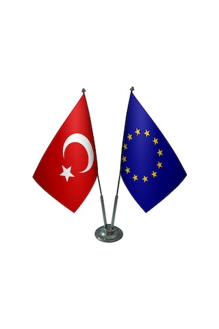 Masa Üstü Avrupa Birliği Bayrağı Türk Bayrağı İkili Krom Direk Ma
