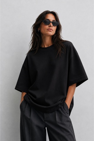 Modivibe Kadın Oversize T-shirt Kalın Dokulu %100 Pamuk Geniş Kesim Siyah