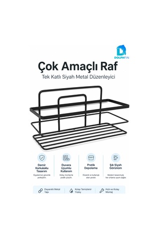Tek Katlı Siyah Metal Çok Amaçlı Raf Duvar Rafı Banyo Mutfak Düzenleyici Organizer