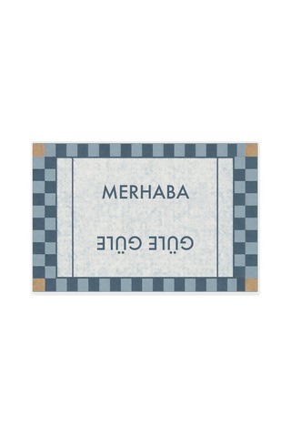 Kartela Halı Merhaba Güle Güle Damalı Kapı Paspası Mavi Kaymaz Kauçuk Taban Yıkanabilir 60x90 Cm