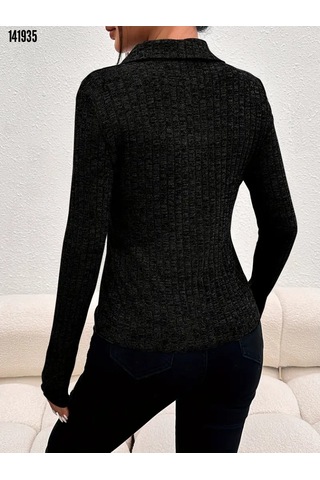 Yeni Sezon Kadın Yakalı Düğmeli Uzun Kollu Kısa Triko Ceket Siyah
