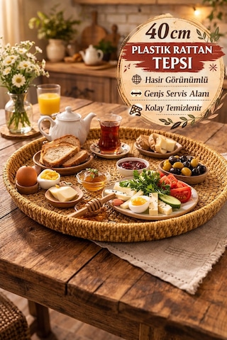 Doğal Hasır Görünümlü Plastik Rattan Tepsi Yuvarlak Dekor Servis Tepsisi Sunum Organizer 40 Cm