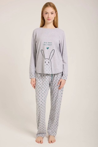 Kadın Gri Tavşan Baskılı Pijama Takımı Gri