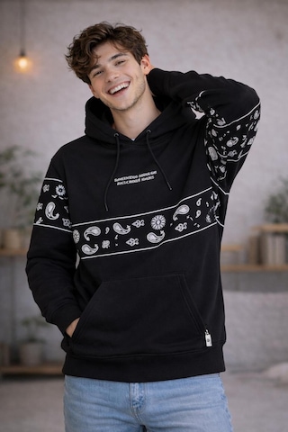 Starzone Kapüşonlu Smelardo Garden Tasarım Baskılı Sweatshirt Siyah