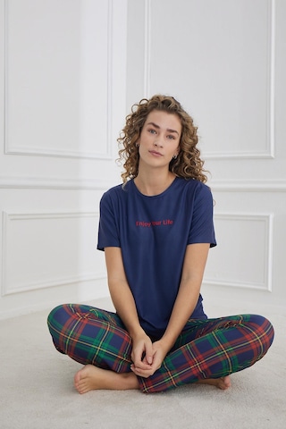 Kompedan Kadın Ekose Desenli Bisiklet Yaka Pijama Takım Lacivert 30102-1281 Lacivert
