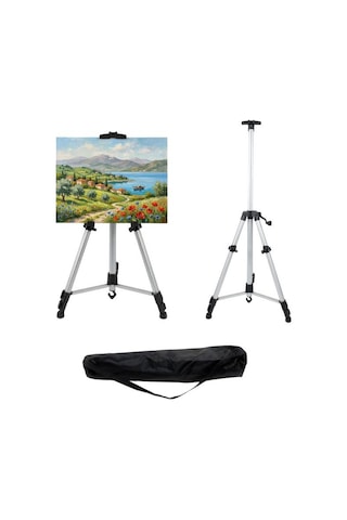 Katlanabilir Alüminyum Tripod Şövale - Kollu Yükseklik Ayarlı, Su Terazili, Gümüş