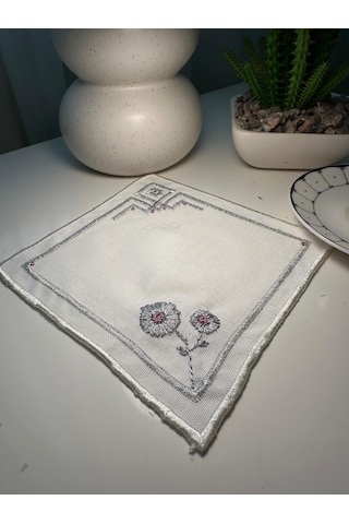 Rokoko El İşlemesi Kahve Sunumluk Peçetesi Keten 6 Parça Beyaz