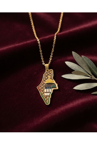 Filistin Haritası Kubbetü S Sahra İle Paslanmaz Gold Kaplamalı Zinciri Unisex Kolye J300041
