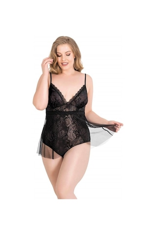 Majeur Büyük Beden Siyah Bodysuit Jakarlı Gecelik