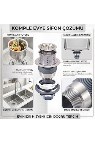 Derin Sepetli Büyük Mutfak Evye Lavabo Sifonu Paslanmaz Geniş Süzgeç Gider Borusu Gri