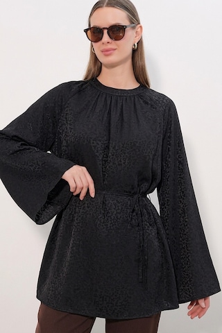 Bigdart Kadın Çizgili Bağcıklı Oversize Tunik 50009 - Siyah
