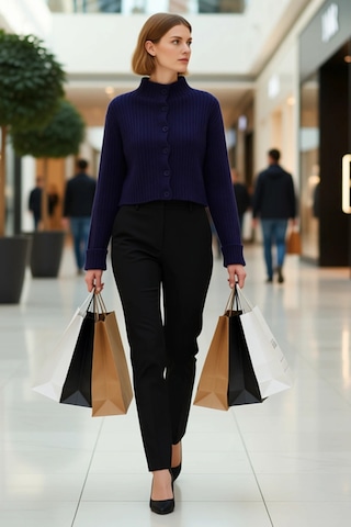 Benerly Kadın Dik Yaka Fitilli Dokuma Crop Oversize Triko Hırka Düşük Kol Lacivert