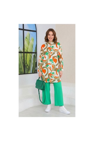 Polologin Butik Geometrik Desenli Gömlek Elbise Tunik Yeşil Turuncu Turuncu
