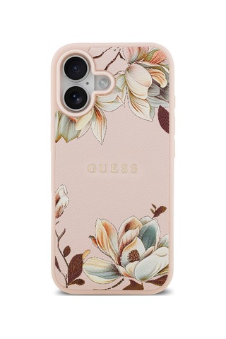 Apple Uyumlu iPhone 17 Kılıf Guess Lisanslı M-safeli Taneli Çiçek Tasarımlı Metal Yazı Logolu Kapak Pembe Pembe