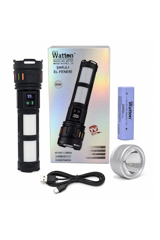 Watton Wt-737 60w Işık Gücü 40.000 Lümen Şarjlı El Feneri Siyah