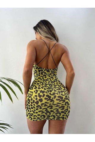 Pink Life Sarı Leopar Simli Kumaş Sırt Dekolte Detaylı Mini