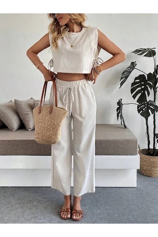 Yan Bağlama Detaylı Pantolonlu Takım Bej Bej