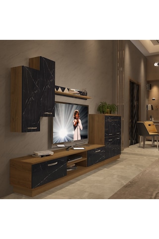 Decoraktiv Eko 6b Mdf Dvd Tv Ünitesi Tv Sehpası - Pera Siyah Mermer Safir Meşe - Royal Mermer