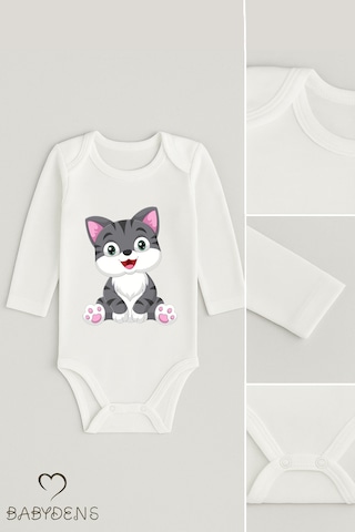 Babyden's Sevimli Hayvan Figürlü %100 Pamuk Uzun Kollu Çıtçıtlı Bebek Body Kedi Beyaz