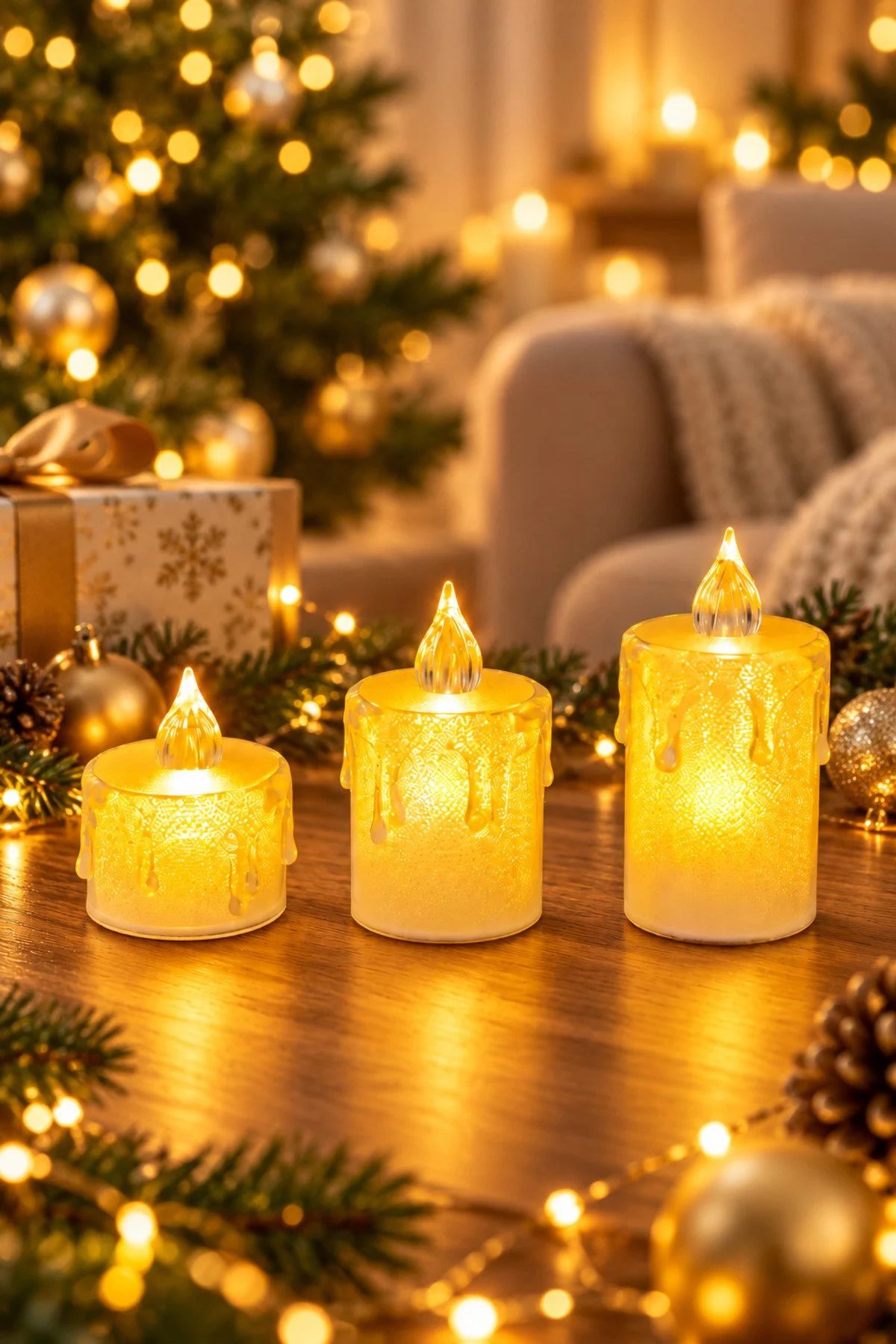 Erkugo 3 Lü Mini Led Mum Seti 5-7-8 Cm Pilli Şeffaf Sıcak Sarı Işıklı Dekoratif Mum