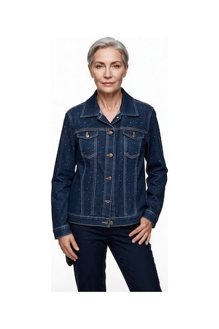 Seleste Kadın Gömlek Yaka Düğmeli Cepli Taş İşlemeli Denim Ceket 26yc26-1 Lacivert