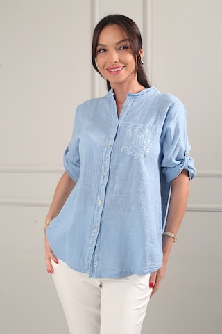 By Saygı Kadın Pul Detaylı Tek Cepli Oversize İthal Keten Gömlek Mavi