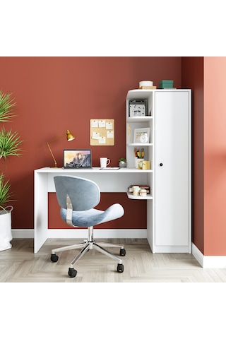 Roma Raflı Çalışma Masası , Çalışma Ofis Masası Sağ Dolap Beyaz Mat Beyaz