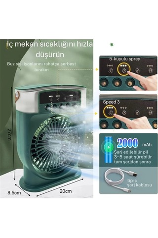 Şarjlı 600 Ml Su Hazneli Taşınabilir Masaüstü Vanilatör Güçlü Fan 2000 Mah Pil Yeşil