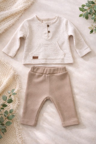 Uğur Bebe %100 Pamuk Organik Triko Bebek Takımı Erkek Bebek Kazak Alt Set Yumuşak Premium Ekru Sütlü Kahverengi Ekru Sütlü Kahverengi