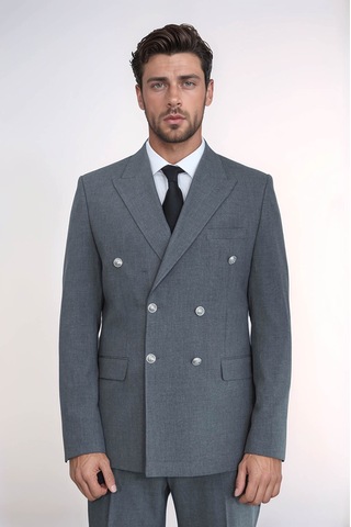 Gümüş Renk Metal Düğmeli Slim Fit Kruvaze Antrasit Erkek Takım Elbise Wessi Gri