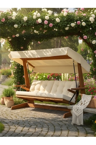 Viva 2400 4 Kişilik Ahşap Bahçe Salıncağı, Balkon ve Teras Salıncağı, Kanepe Özellikli/Krem