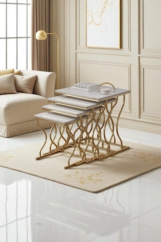 Arden Elite 4'lü Kare Zigon Sehpa Seti Gold Ayak, Krem Mdf Beyaz