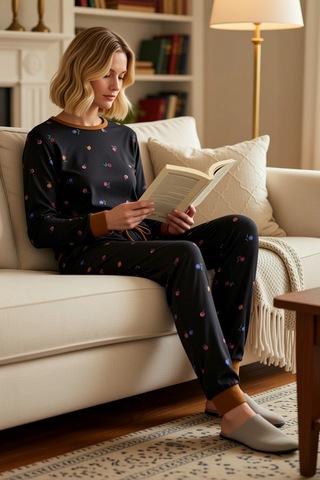 Benerly Kadın Bisiklet Yaka Standart Kol Çiçekli Örme Pijama Takımı Fonks Siyah