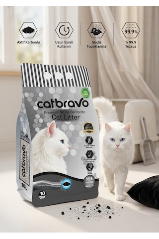 Catbravo Doğal Bentonite- Süper Topaklanan Aktif Karbonlu Kedi Kumu 10 Lt