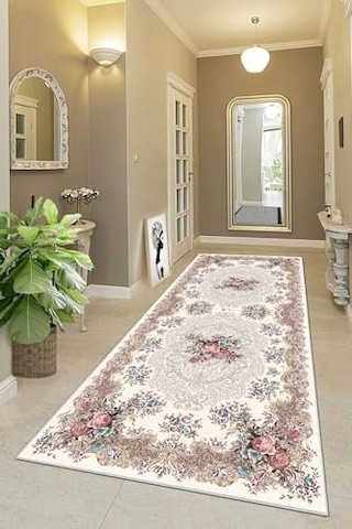 Gül Desenli Dijital Baskı Yıkanabilir Modern Salon Halı Ve Yolluk Bej 60 X 120 9554527601207 Çok Renkli