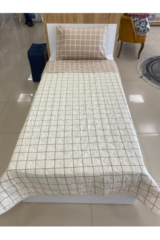 Çift Taraflı Tek Kişilik Kapitone Yatak Örtüsü Takımı Bej Kareli