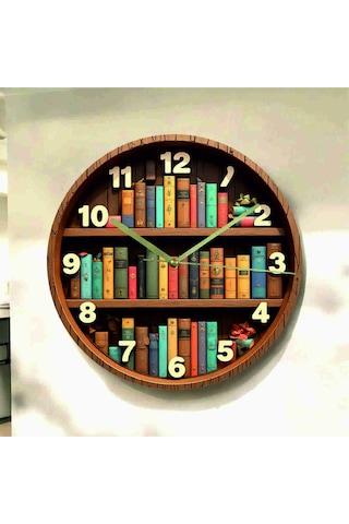 AA Shop Kitap Raf Kütüphane Renkli Baskı Desenli Sayılı Hediyelik Ahşap Sessiz Tablo Duvar Saati 636 Çok Renkli