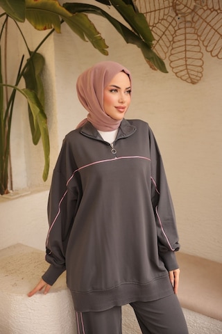 Tesettür Eşofman Takımı Ikili Takım Fermuarlı Yaka M-483 Antrasit