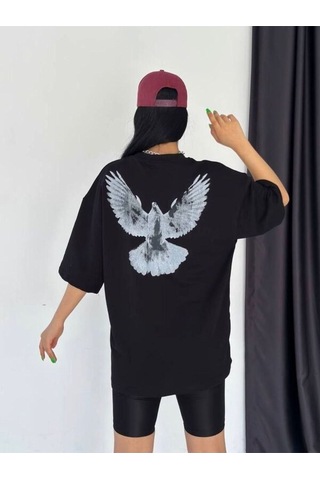Flood Of Style Unisex Siyah Güvercin Baskılı Oversize