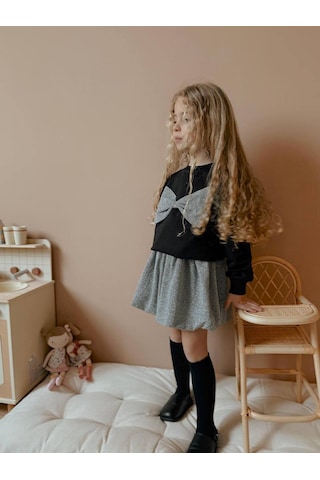 Kız Çocuk Fiyonk Modelli Simli Etekli Takım Siyah