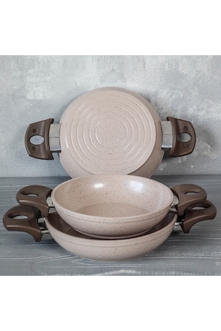 Gülsan Safran 3 Parça Granit Sahan Seti Tava Set 18 CM - 20 CM - 22 CM Krem