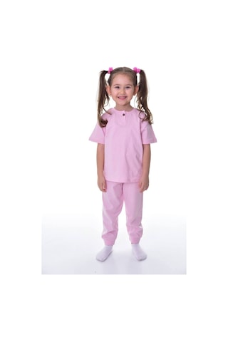 %100 Pamuk Penye Kumaş Düğmeli Sade Terletmeyen Kız Çocuk Yazlık Pijama Takımı Pembe