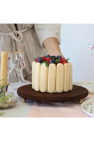 Akayev Ahşap 29 Cm Altın Boncuk Ayaklı Sunum Tabağı Beyaz