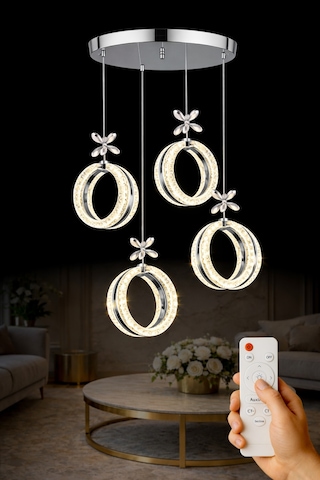 Athena Model 4 Lü Krom Kaplama 3 Renk Kumandalı Salon Mutfak Oturma Yatak Odası Modern Led Avize