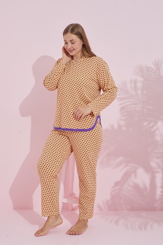 Siyah İnci Biyeli Curve Büyük Beden Battal Boy Örme Pijama Takım 7778 Turuncu Mor Yarım Ay