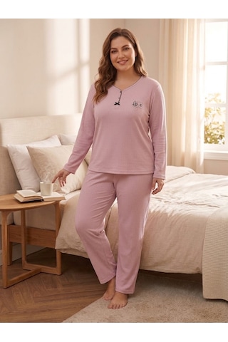 Büyük Beden Uzun Kol Pamuklu Likralı İnterlok Kumaş Pijama Takımı 8739 Pembe