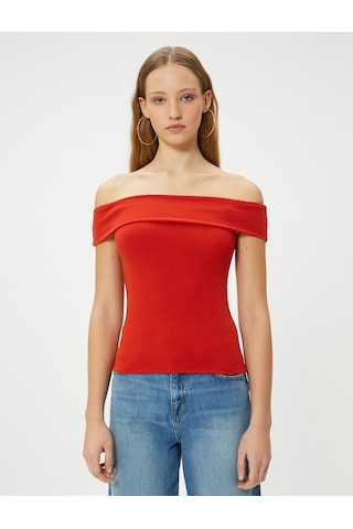 Koton Madonna Yaka Tişört Açık Omuz Slim Fit Kırmızı 4sal30206ık Kırmızı