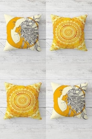 Pelangi Batik Desenli Ay Ve Güneş Kız Tema Gizli Fermuarlı Kırlent Kılıfı Koltuk Yastık Kılıfı Takım 4adet Çok Renkli